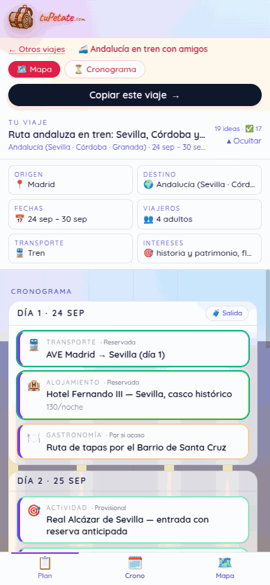 Versión móvil del viaje con el tablero, el brief y el cronograma, y las pestañas Plan · Crono · Mapa abajo